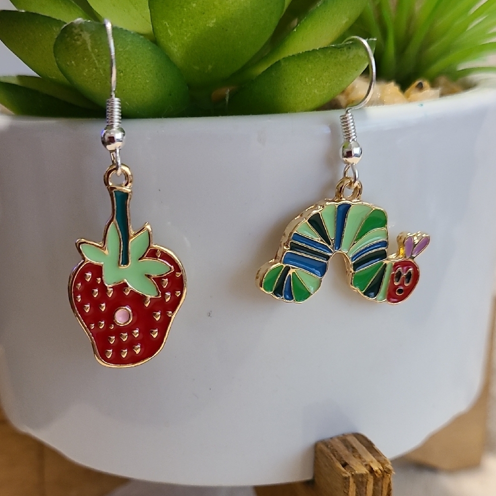 Handcrafted Enamel Strawberry and Caterpillar‎ Dangle Earrings NEW Ladies/Girls